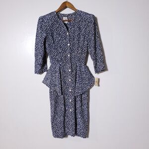 Vintage 60s Jonathan Martin Peplum Dress Floral Blue Secretary Size 9/10 Church